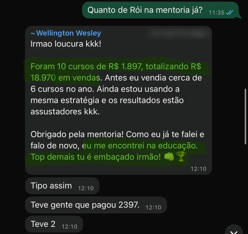 Conversa no WhatsApp: mentorado relata ter vendido 10 cursos de R$ 1.897, somando R$ 18.970.