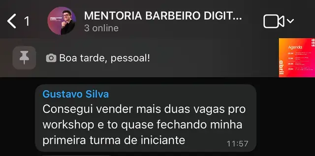 Depoimento de Gustavo Silva no grupo da Mentoria Barbeiro Digital: vendeu mais duas vagas do workshop e está fechando a primeira turma de iniciante.